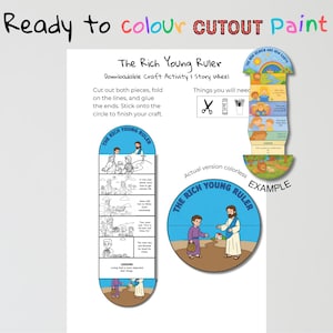 Op de afbeelding: Een downloadbare knutselactiviteit getiteld "De rijke jonge heerser". De afbeelding toont een verhalenwiel met instructies om de stukken te knippen, vouwen en lijmen. De tekst luidt "Ready to colour CUTOUT paint."