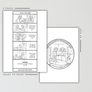 May include: Two-page black and white printable featuring illustrations and text. One page has a circular design with the text "Shunammite Woman's Son." The other page has a comic strip layout with text and illustrations.