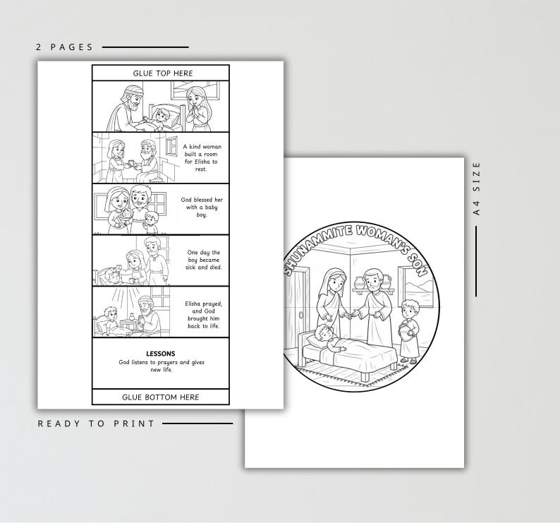 May include: Two-page black and white printable featuring illustrations and text. One page has a circular design with the text "Shunammite Woman's Son." The other page has a comic strip layout with text and illustrations.