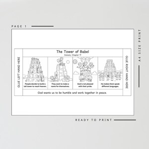 May include: Black and white illustration depicting the Tower of Babel, split into four panels. Captions include "People decide to build a tall tower to reach heaven" and "God wants us to be humble and work together in peace."