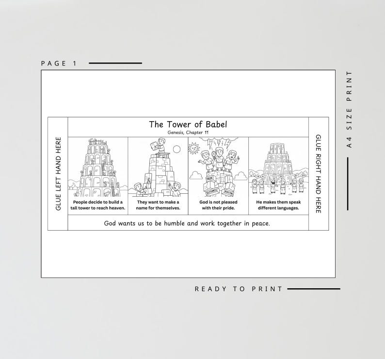 May include: Black and white illustration depicting the Tower of Babel, split into four panels. Captions include "People decide to build a tall tower to reach heaven" and "God wants us to be humble and work together in peace."