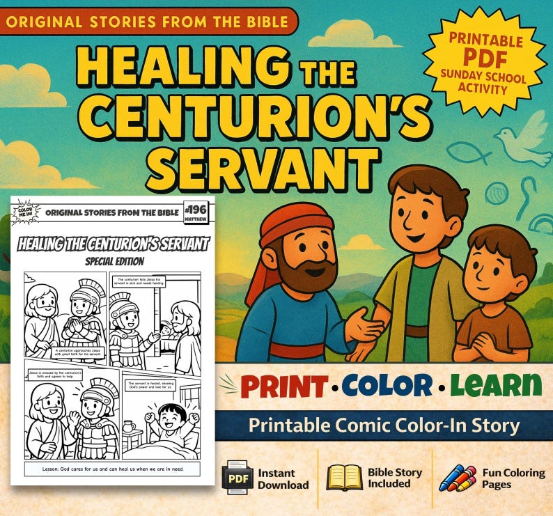 Healing the Centurion’s Servant Bible Comic Colouring Page for Kids: listing photo
