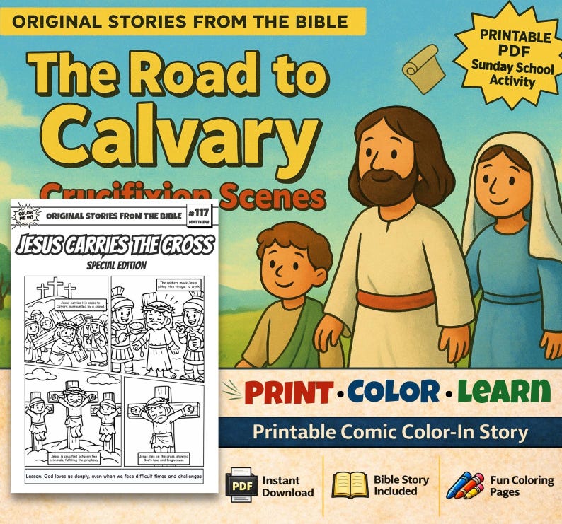 The Road to Calvary Bible Comic Colouring Page: listing photo