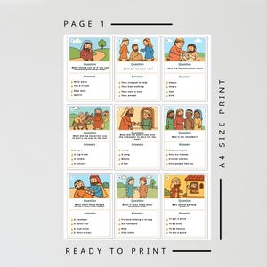 May include: A printable A4 size page featuring illustrated cards with questions and answers. The cards have colorful drawings of people and scenes, with text in a clear font. The page is labeled "PAGE 1" and "READY TO PRINT".