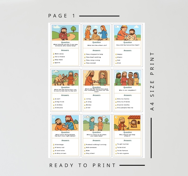 May include: A printable A4 size page featuring illustrated cards with questions and answers. The cards have colorful drawings of people and scenes, with text in a clear font. The page is labeled "PAGE 1" and "READY TO PRINT".