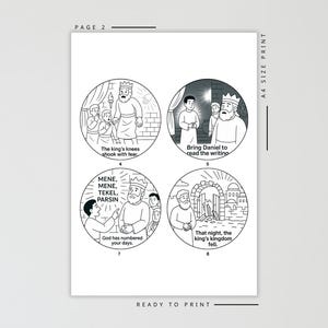 May include: Black and white illustrations on a white background. The illustrations depict scenes with figures and text from a story. The text includes phrases like "The king's knees shook with fear" and "God has numbered your days."