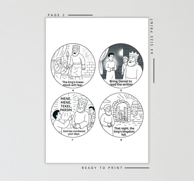 May include: Black and white illustrations on a white background. The illustrations depict scenes with figures and text from a story. The text includes phrases like "The king's knees shook with fear" and "God has numbered your days."