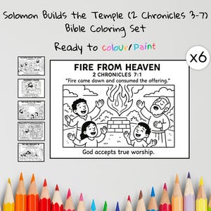 May include: A Bible coloring set titled "Solomon Builds the Temple." The set includes a main coloring page with the text "Fire From Heaven" and several smaller images. The text "Ready to colour/Paint" is also present.