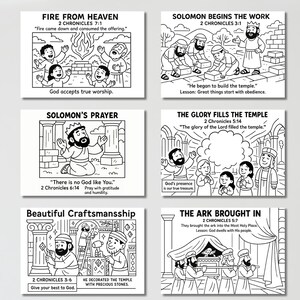 May include: Black and white illustrations depicting scenes from the Bible, including the Ark, temple construction, and prayer. Each image has text from 2 Chronicles, such as "Fire from Heaven" and "Solomon Begins the Work."