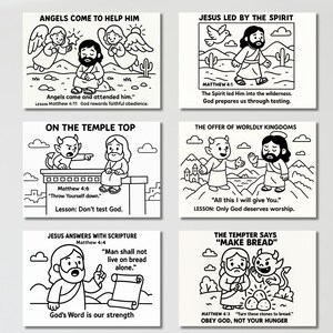 Pode incluir: Ilustra&ccedil;&otilde;es a preto e branco retratando cenas da B&iacute;blia. As imagens incluem anjos, Jesus e o diabo, com texto de Mateus. As ilustra&ccedil;&otilde;es s&atilde;o adequadas para colorir ou para fins educacionais.