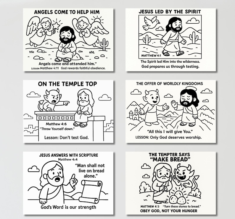 Pode incluir: Ilustra&ccedil;&otilde;es a preto e branco retratando cenas da B&iacute;blia. As imagens incluem anjos, Jesus e o diabo, com texto de Mateus. As ilustra&ccedil;&otilde;es s&atilde;o adequadas para colorir ou para fins educacionais.