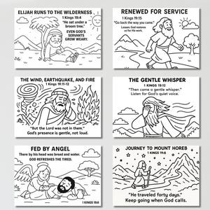 May include: Six black and white illustrated cards with text from the Bible. The cards depict scenes such as Elijah running to the wilderness, renewed service, the wind, earthquake, and fire, the gentle whisper, fed by an angel, and the journey to Mount Horeb.