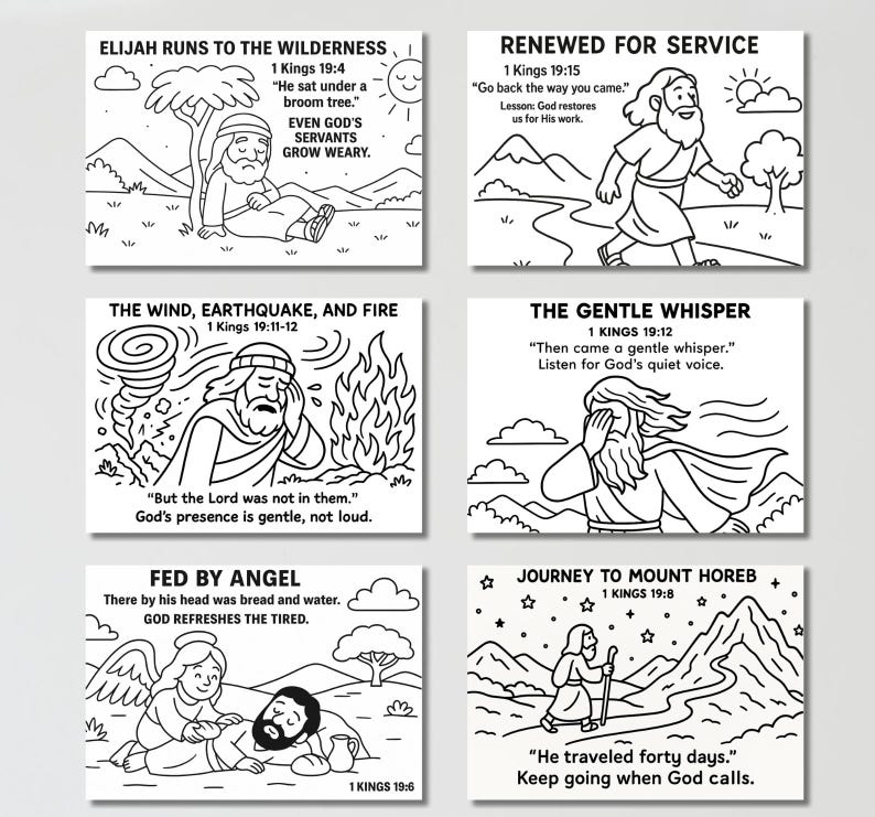 May include: Six black and white illustrated cards with text from the Bible. The cards depict scenes such as Elijah running to the wilderness, renewed service, the wind, earthquake, and fire, the gentle whisper, fed by an angel, and the journey to Mount Horeb.