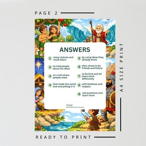 K&ouml;nnte beinhalten: A4-Druck mit farbenfrohen Illustrationen und Text. Die Seite "PAGE 2" zeigt biblische Szenen und eine Liste von Antworten. Der Text enth&auml;lt "ANSWERS" und "READY TO PRINT".
