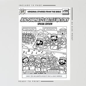 Może przedstawiać: Czarno-biała ilustracja w stylu komiksowym zatytułowana "Jehoshaphat's Battle Victory" z serii "Original Stories From The Bible". Specjalne wydanie zawiera narrację z wieloma panelami, przedstawiającymi sceny modlitwy, bitwy i zwycięstwa. Zawiera tekst "Ready to Print."