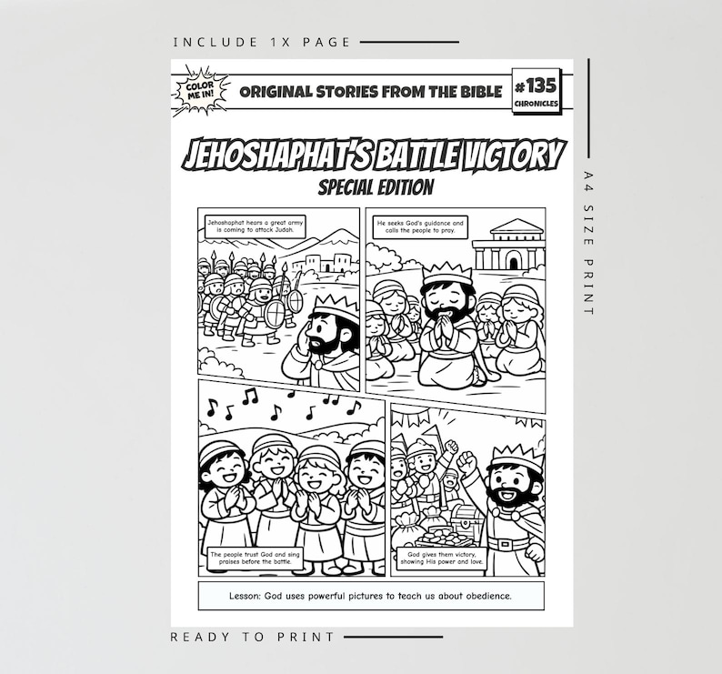 Może przedstawiać: Czarno-biała ilustracja w stylu komiksowym zatytułowana "Jehoshaphat's Battle Victory" z serii "Original Stories From The Bible". Specjalne wydanie zawiera narrację z wieloma panelami, przedstawiającymi sceny modlitwy, bitwy i zwycięstwa. Zawiera tekst "Ready to Print."