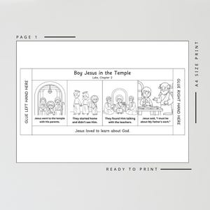 May include: Black and white illustrated children's story page titled "Boy Jesus in the Temple." The page includes four panels depicting scenes from the story, with text describing each scene. The text includes "Jesus loved to learn about God."