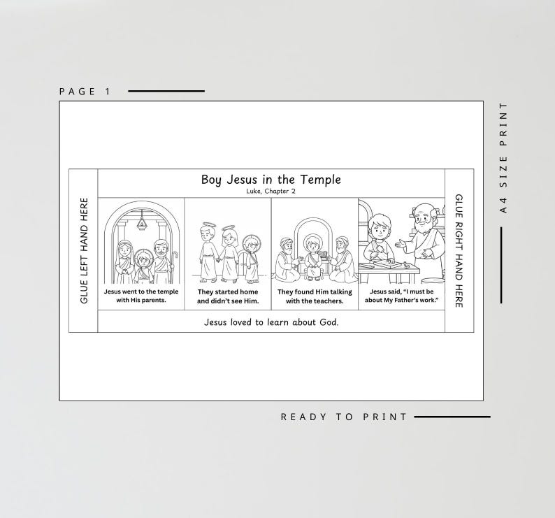 May include: Black and white illustrated children's story page titled "Boy Jesus in the Temple." The page includes four panels depicting scenes from the story, with text describing each scene. The text includes "Jesus loved to learn about God."