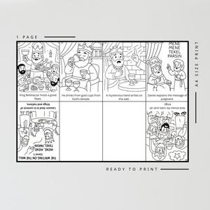 K&ouml;nnte beinhalten: Schwarz-Wei&szlig;-Linienkunst-Druck mit Illustrationen, die Szenen aus der Bibel darstellen. Der Druck enth&auml;lt Text wie "K&ouml;nig Belsazar h&auml;lt ein gro&szlig;es Fest" und "Die Schrift an der Wand". Die Worte "DRUCKFERTIG" sind ebenfalls sichtbar.