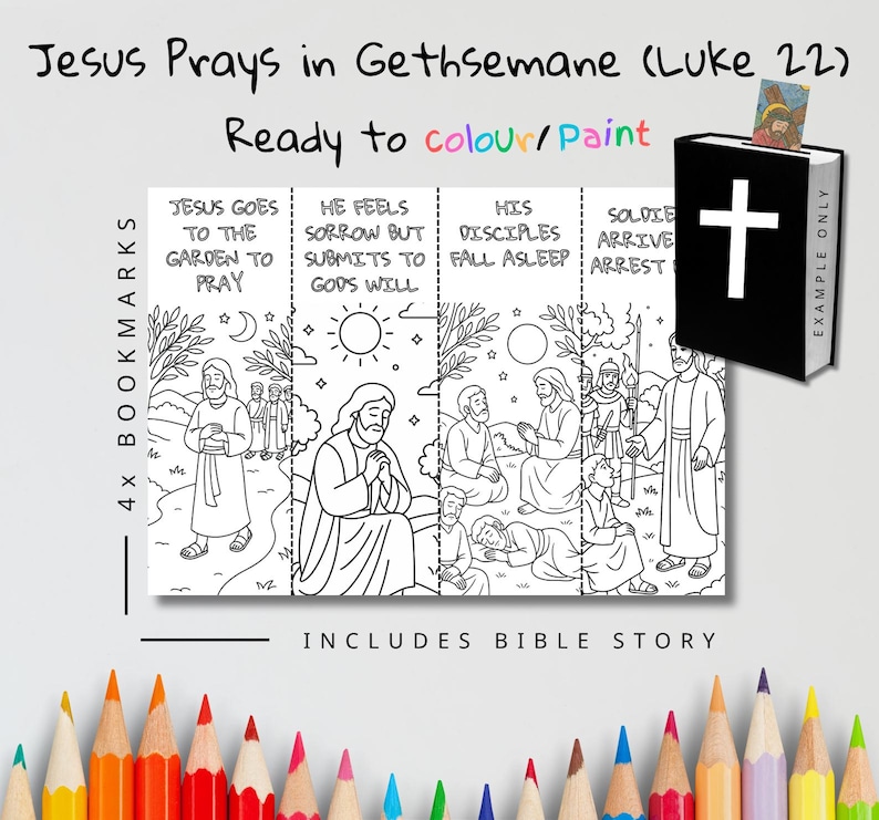 Gethsemane Prayer Bible Story Colouring Bookmarks: listing photo