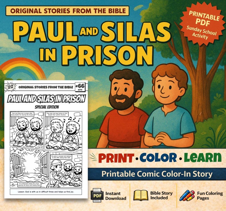 Paul and Silas in Prison A4 Bible Comic Coloring Page | Sunday School Craft | Bible Study for Kids | Children’s Church Activity | Acts 16 image 1