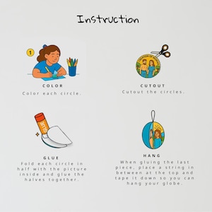 Pode incluir: Instru&ccedil;&otilde;es ilustradas para um projeto de artesanato. As etapas incluem colorir, recortar c&iacute;rculos, colar as metades e pendurar o globo finalizado. O texto inclui as palavras "Instru&ccedil;&atilde;o", "Colorir", "Recortar", "Colar" e "Pendurar".