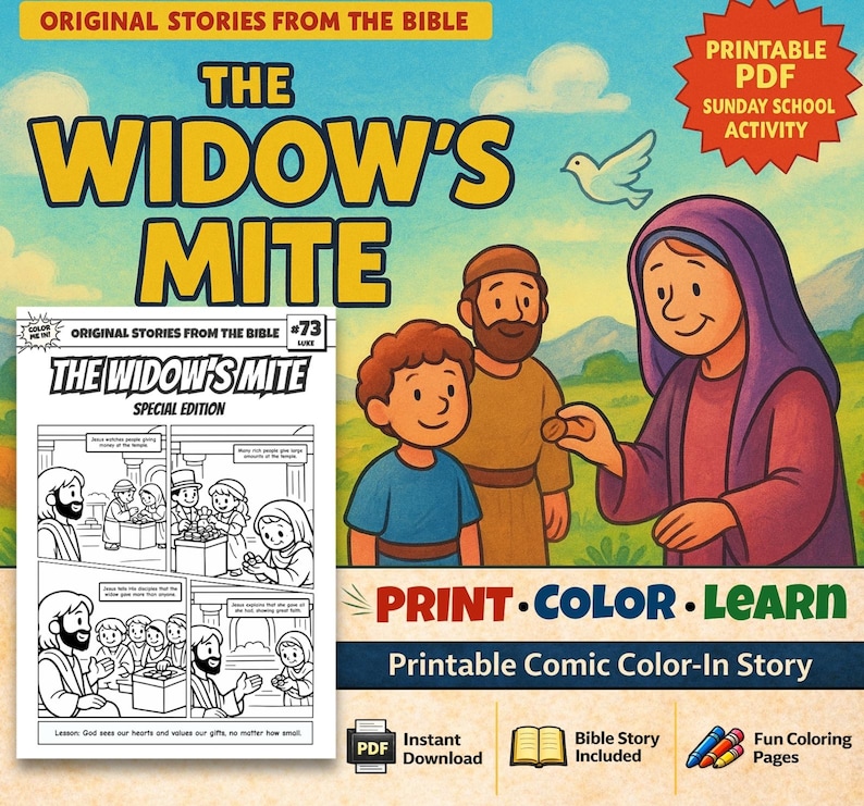 The Widow’s Mite Bible Comic Colouring Page: listing photo