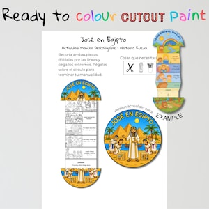 May include: A printable, ready-to-colour activity set with the text "Ready to colour CUTOUT Paint" at the top. The set includes a wheel and a vertical strip with illustrations and the text "José en Egipto". The example shows a coloured version.