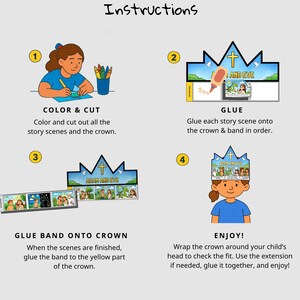 Puede incluir: Instrucciones para una manualidad de corona de Ad&aacute;n y Eva. Los pasos incluyen colorear, cortar, pegar y ensamblar la corona. El texto dice "Color & Cut", "Glue", "Glue Band onto Crown" y "Enjoy!"
