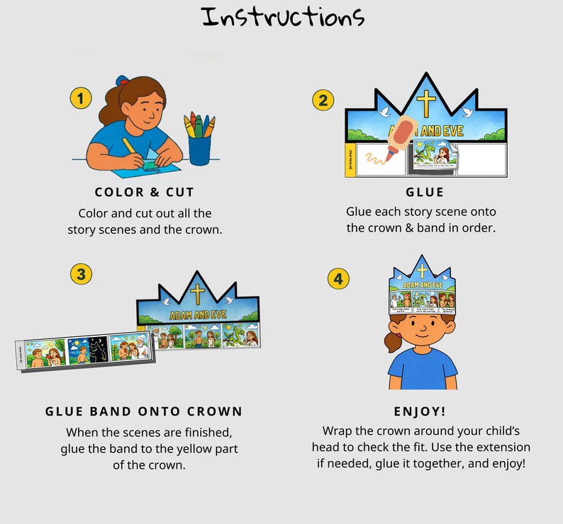 Puede incluir: Instrucciones para una manualidad de corona de Ad&aacute;n y Eva. Los pasos incluyen colorear, cortar, pegar y ensamblar la corona. El texto dice "Color & Cut", "Glue", "Glue Band onto Crown" y "Enjoy!"