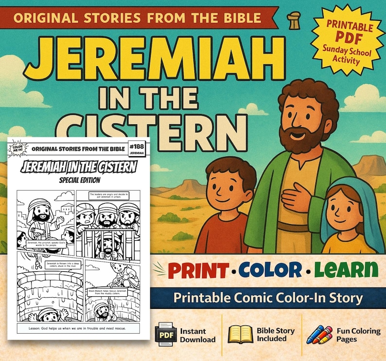 Jeremiah in the Cistern Bible Comic Colouring Page: listing photo