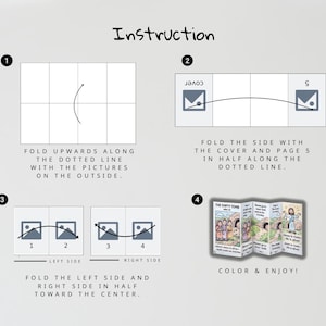 May include: Instructional diagram for a craft project. The image shows a step-by-step guide with numbered illustrations and text instructions. The final step shows a colorful, folded booklet with the text "The Empty Tomb".