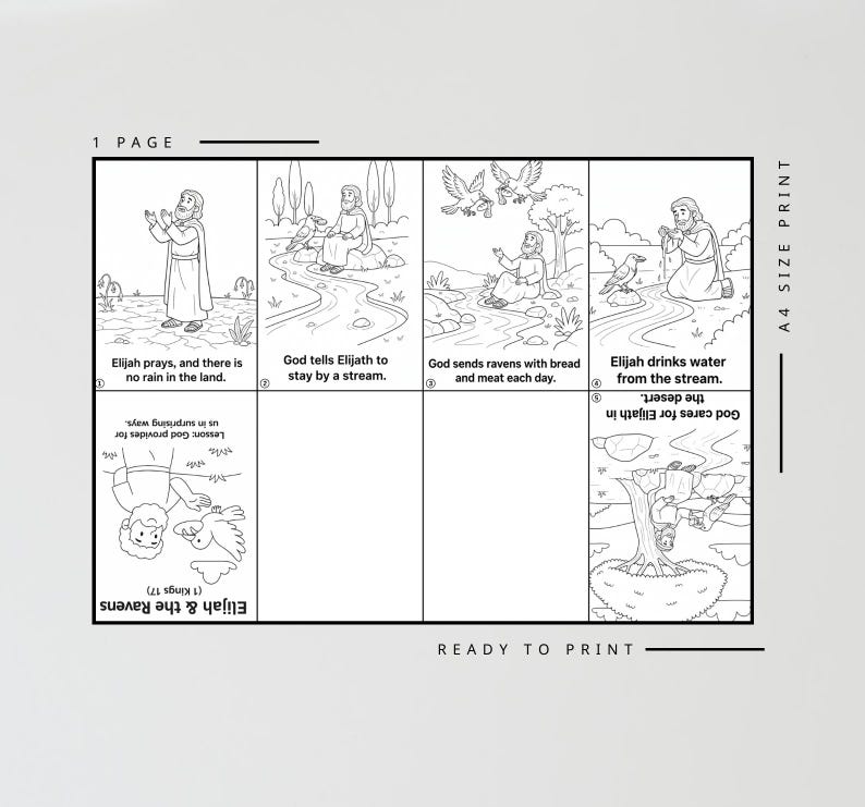 May include: Black and white illustrated printable featuring a Bible story about Elijah and the ravens. The story is divided into panels with text and images. The text includes "Elijah prays, and there is no rain in the land" and "God tells Elijah to stay by a stream."