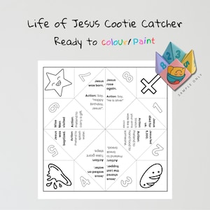 Op de afbeelding: Een zwart-wit "Life of Jesus Cootie Catcher" spel, klaar om te kleuren of te schilderen. Het spel bevat genummerde secties met gerelateerde acties en zinnen. Een gevouwen papieren fortuinverteller staat in de rechterbovenhoek.