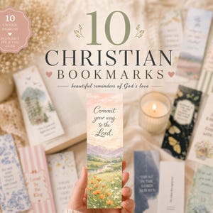 May include: A collection of 10 Christian bookmarks with unique designs. The bookmarks feature various illustrations and inspirational quotes, including one with a landscape scene and the text "Commit your way to the Lord."