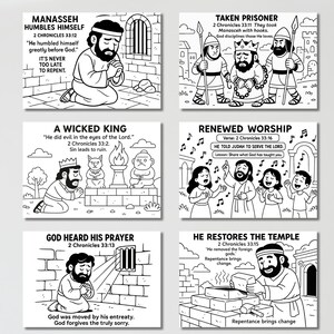 K&ouml;nnte beinhalten: Schwarz-Wei&szlig;-Illustrationen, die biblische Geschichten darstellen. Die Bilder enthalten Text aus 2. Chronik, mit Szenen von Gebet, Anbetung und Reue. Die Illustrationen eignen sich zum Ausmalen.