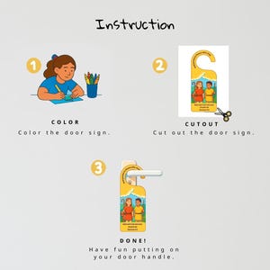 May include: Illustrated instructions for a door sign craft. The steps include colouring, cutting, and hanging the sign. The sign features illustrations of two people and the text "And Abel and Cain became Shepherds Genesis 4:2".