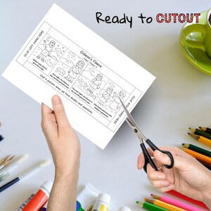 May include: A black and white illustrated paper titled "Gideon's Fleece" is being cut with scissors. The paper has text that reads "Ready to CUTOUT" and "God is patient when we have doubts and questions."