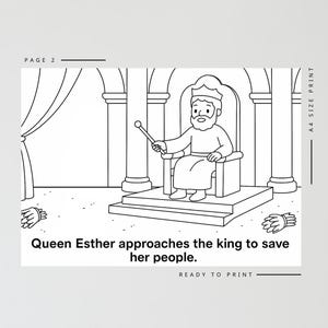 May include: Black and white line drawing of a king seated on a throne, holding a scepter. The text "Queen Esther approaches the king to save her people" is below the image. The image is labeled "Page 2" and "Ready to Print".