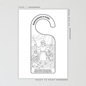 May include: Black and white door hanger with a biblical illustration. The image depicts a man standing on a boat during a storm, with the text "God protects in trials." and "God protects Paul during a violent storm and shipwreck."