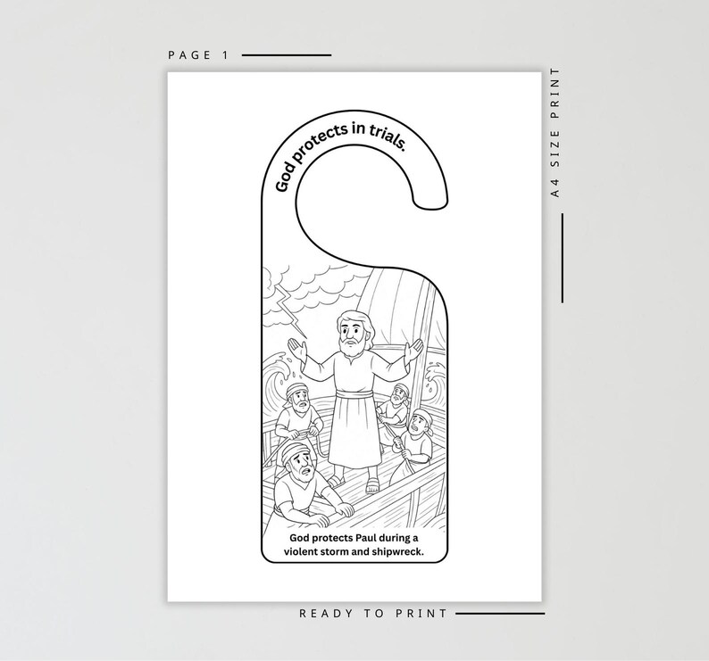May include: Black and white door hanger with a biblical illustration. The image depicts a man standing on a boat during a storm, with the text "God protects in trials." and "God protects Paul during a violent storm and shipwreck."