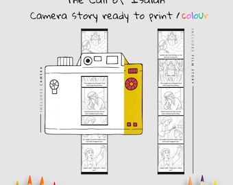 May include: A black and white line drawing of a camera with a yellow side, and a film strip. The text on the image says "The Call of Isaiah" and "Camera story ready to print / colour". The film strip shows illustrations.