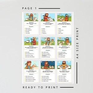 May include: An A4 size print featuring illustrated cards with questions and answers about a shepherd and sheep. The cards are arranged in a grid. The text includes "PAGE 1" and "READY TO PRINT".