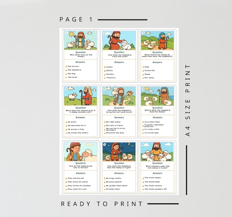 May include: An A4 size print featuring illustrated cards with questions and answers about a shepherd and sheep. The cards are arranged in a grid. The text includes "PAGE 1" and "READY TO PRINT".