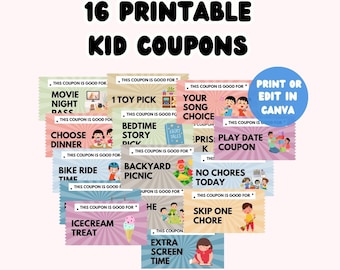 Editable Kids Coupon Book – Printable Reward Coupons for Kids, Birthday Coupon Book, Customizable Child Reward System (Digital Download)