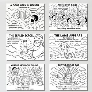 Puede incluir: Una colecci&oacute;n de seis ilustraciones en blanco y negro que representan escenas del Libro de la Revelaci&oacute;n. Cada imagen incluye texto que describe la escena, como "Una puerta abierta en el cielo" y "El Cordero aparece".