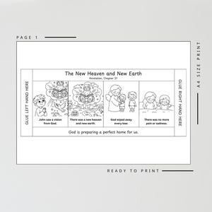 May include: Black and white line art illustration titled "The New Heaven and New Earth" with text from Revelation, Chapter 21. The page includes illustrations of biblical scenes and the text "Ready to Print."