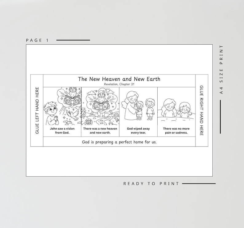 May include: Black and white line art illustration titled "The New Heaven and New Earth" with text from Revelation, Chapter 21. The page includes illustrations of biblical scenes and the text "Ready to Print."