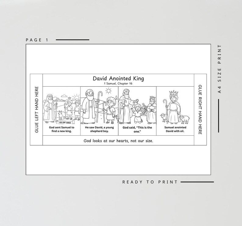 May include: Black and white printable page with the title "David Anointed King" and illustrations from 1 Samuel, Chapter 16. The page includes text and images depicting the story, with instructions for gluing and printing.