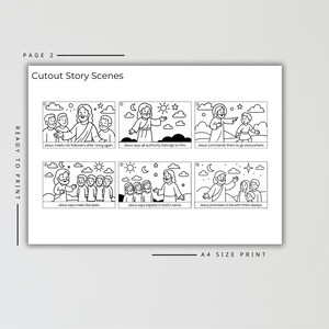 May include: Black and white illustrated cutout story scenes featuring Jesus and his followers. The scenes include text such as "Jesus meets His followers after rising again" and "Jesus says all authority belongs to Him." The words "READY TO PRINT" and "A4 SIZE PRINT" are also visible.